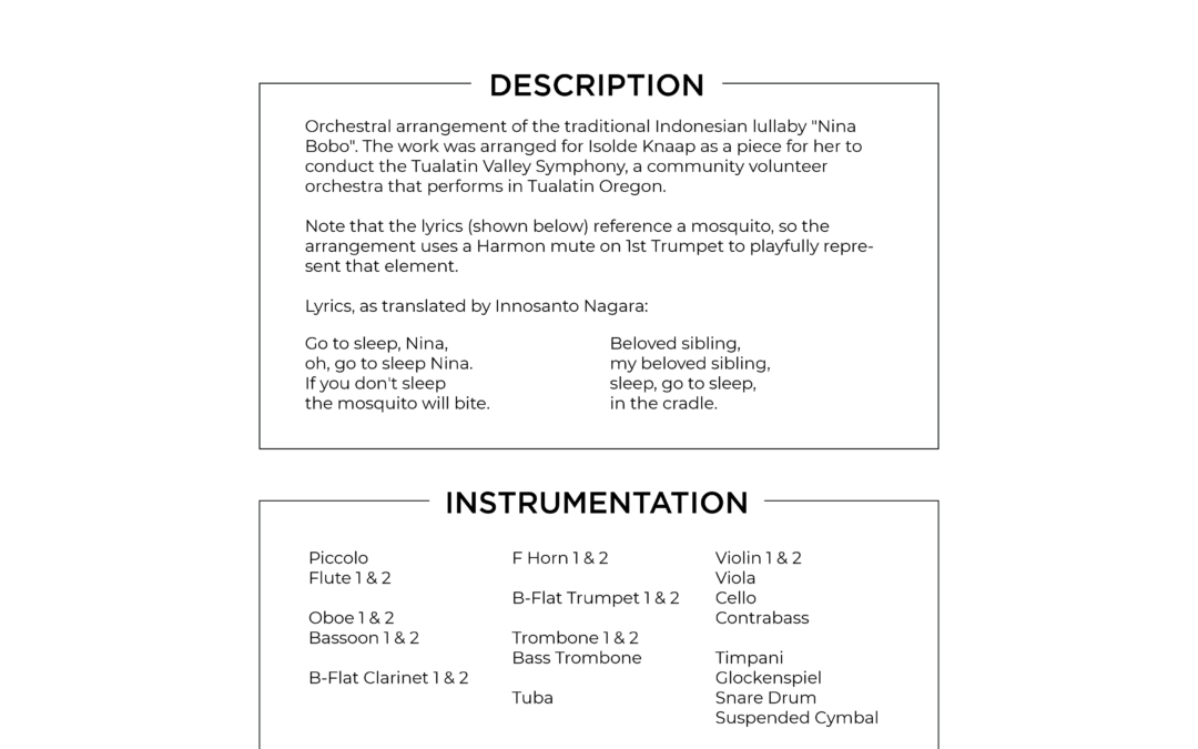 Nina Bobo – A Traditional Indonesian Lullaby – Full Orchestra, Grade 2 – Score & Parts