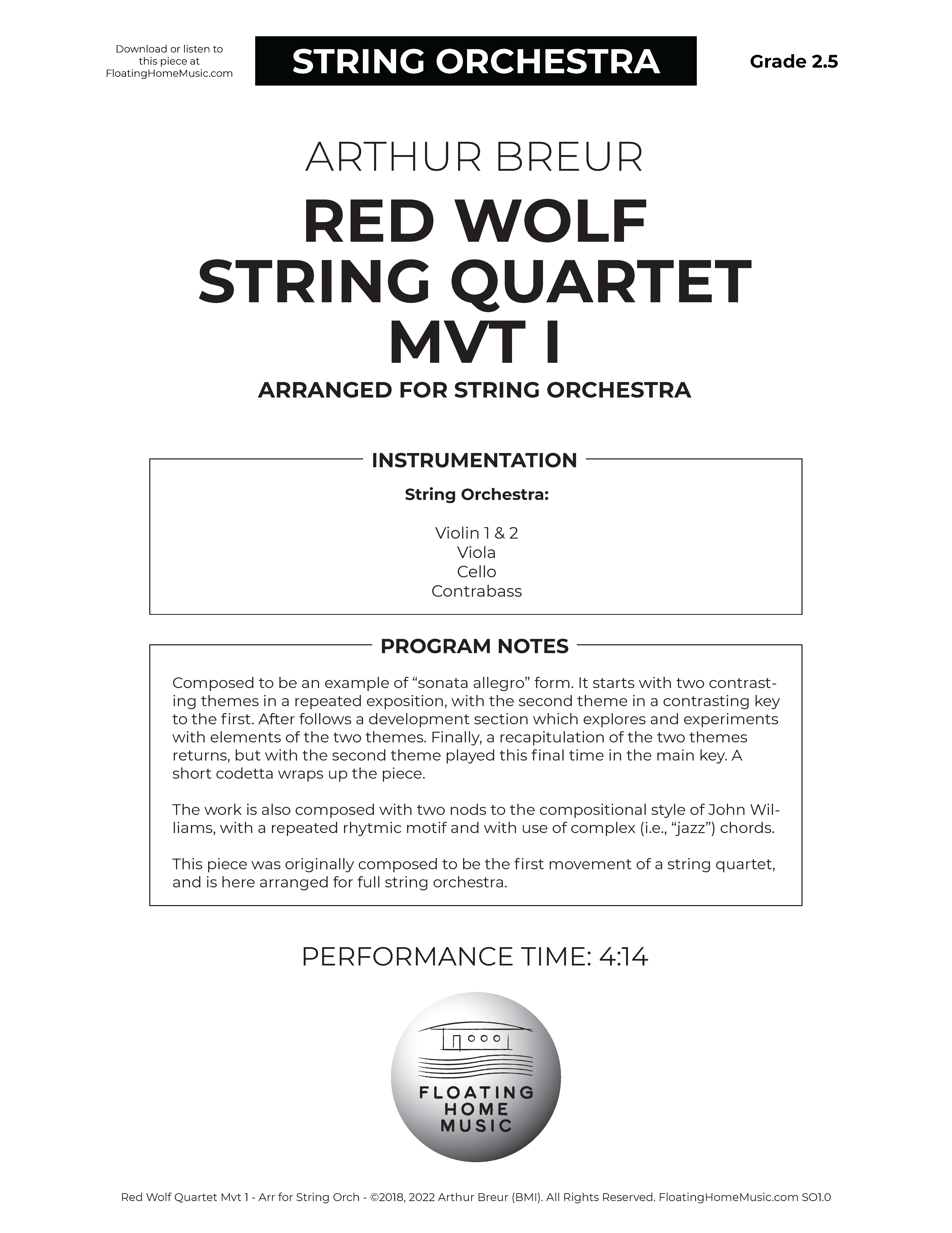 Arthur Breur composer, Red Wolf Quartet arranged for String Orchestra