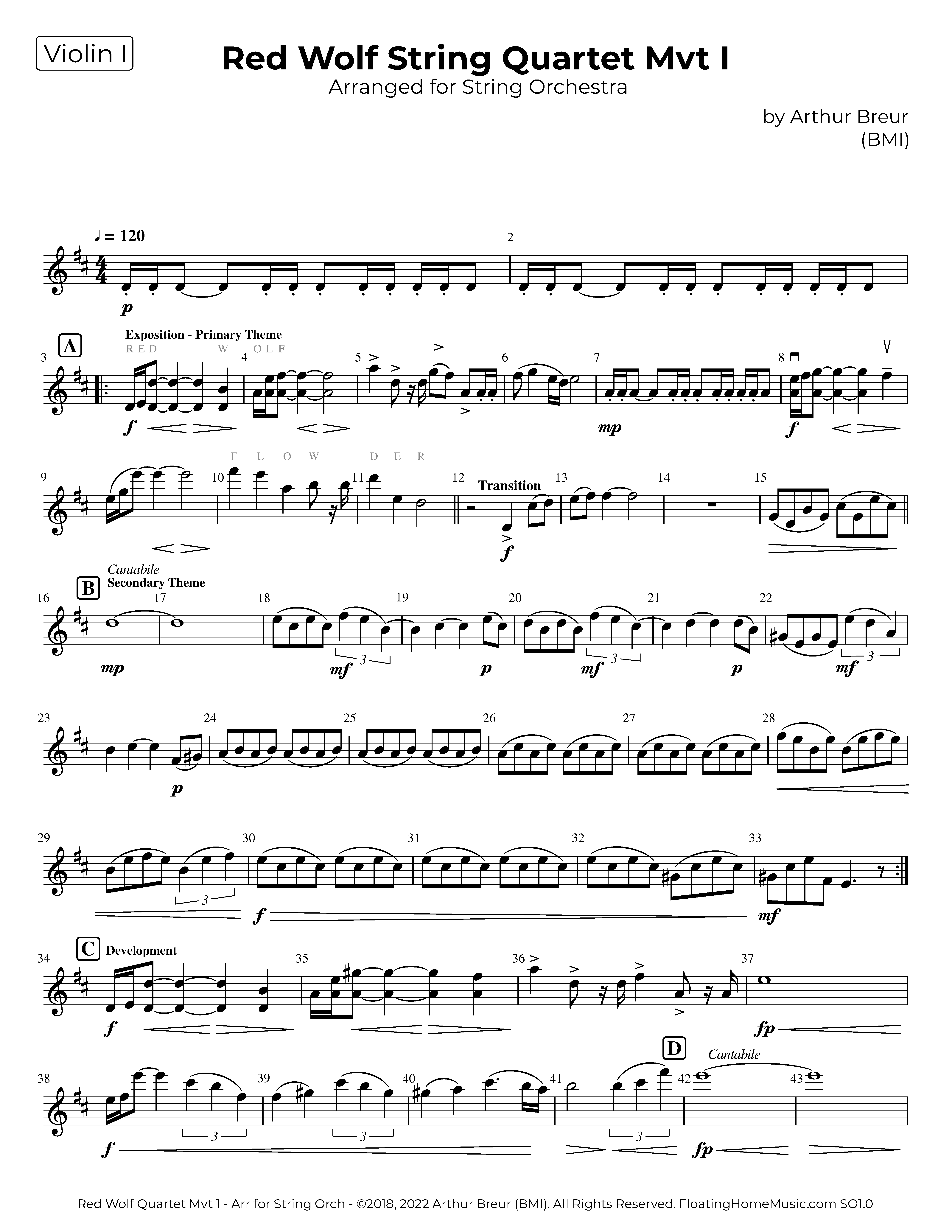 Red Wolf String Quartete Mvt 1 arr. for String Orchestra, Violin 1 part